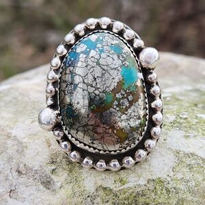 Brian Yatsattie Navajo handmade Nacasari Turquoise Pyrite Included Ring SZ 6.5